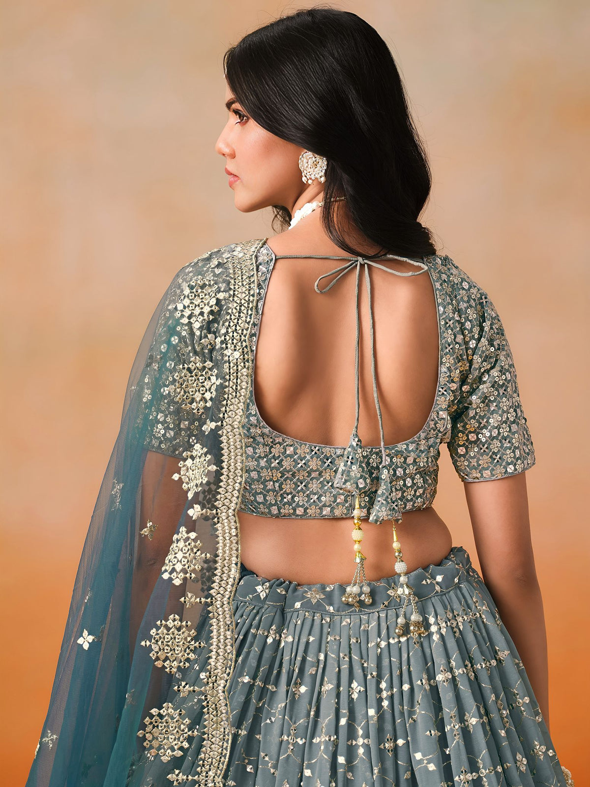 Dove Blue Georgette Semi-Stitched Lehenga Choli with Soft Net Dupatta