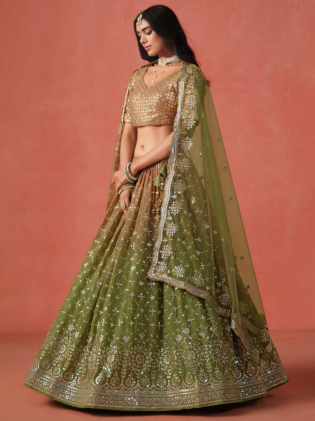 Mehndi Georgette Semi-Stitched Lehenga Choli with Soft Net Dupatta
