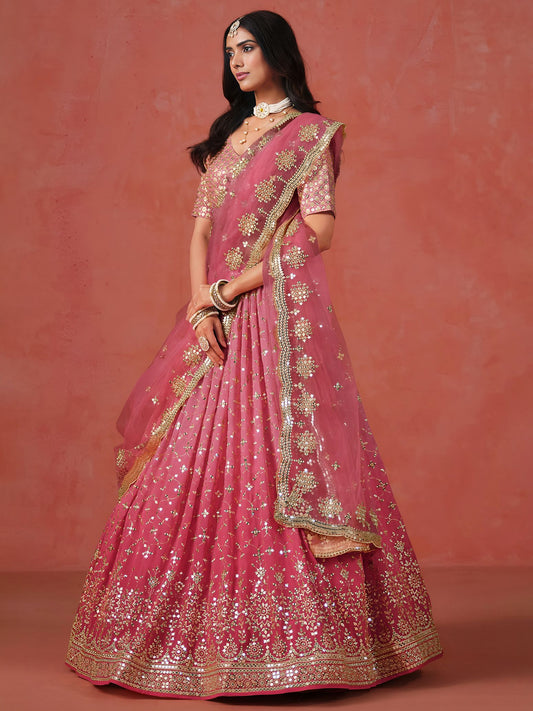 Peach Georgette Semi-Stitched Lehenga Choli with Soft Net Dupatta