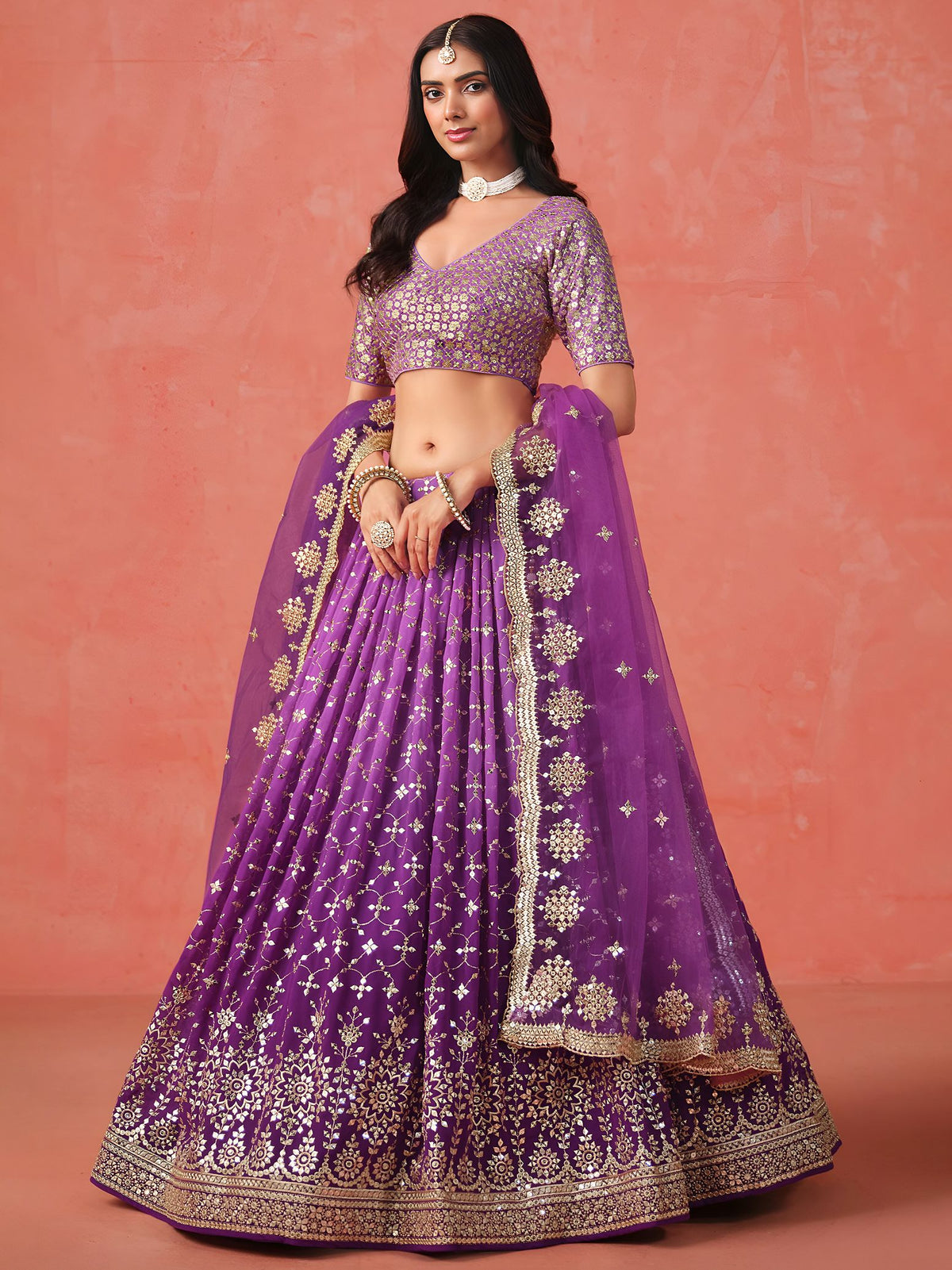 Purple Georgette Semi-Stitched Lehenga Choli with Soft Net Dupatta