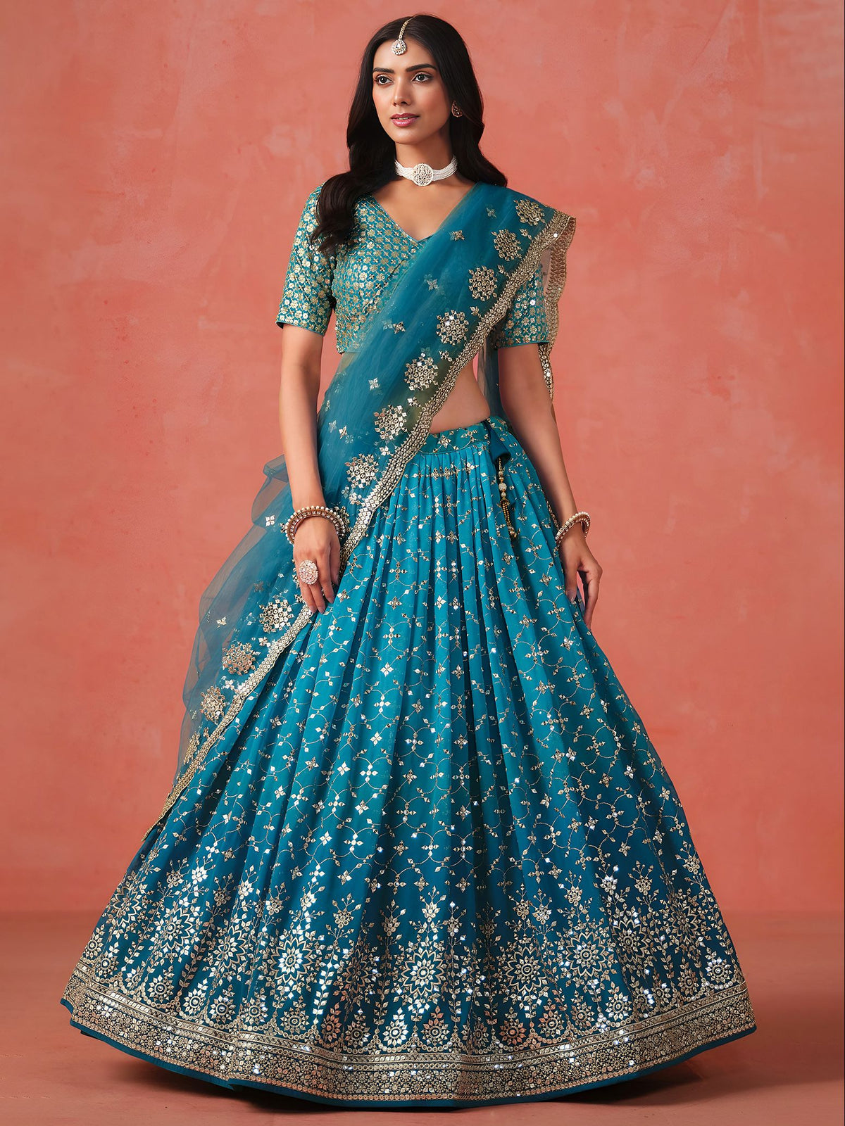 Rama Blue Georgette Semi-Stitched Lehenga Choli with Soft Net Dupatta