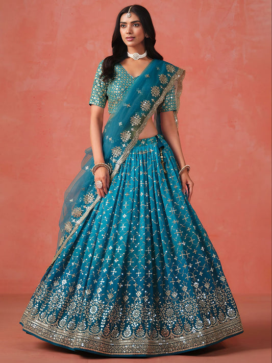 Rama Blue Georgette Semi-Stitched Lehenga Choli with Soft Net Dupatta