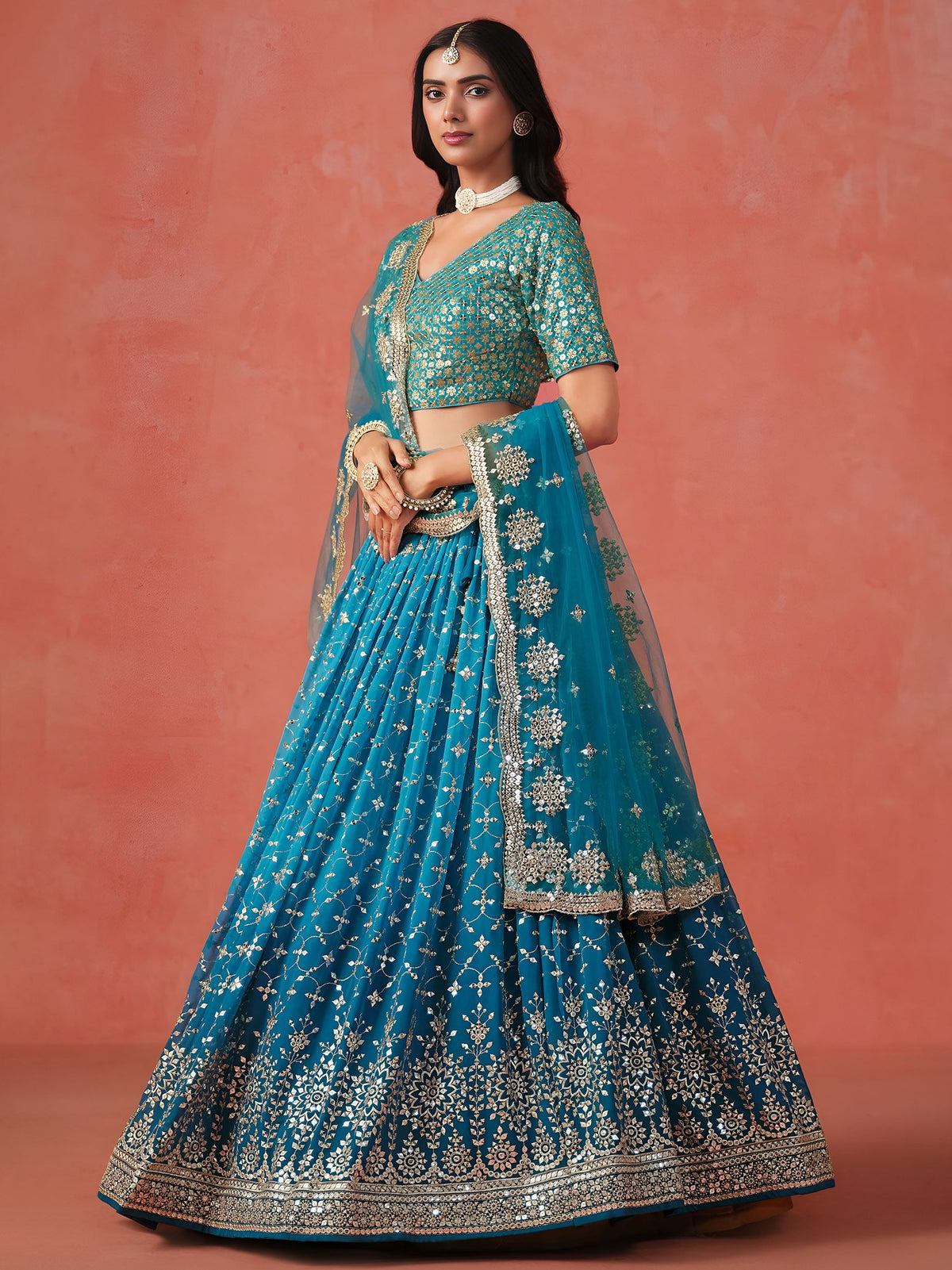 Rama Blue Georgette Semi-Stitched Lehenga Choli with Soft Net Dupatta