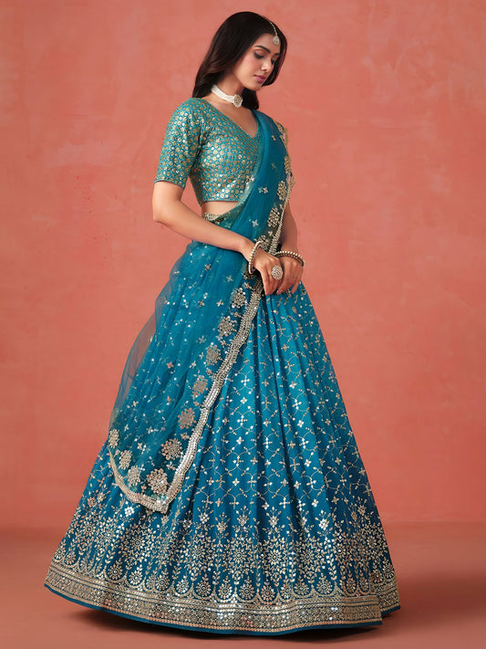 Rama Blue Georgette Semi-Stitched Lehenga Choli with Soft Net Dupatta