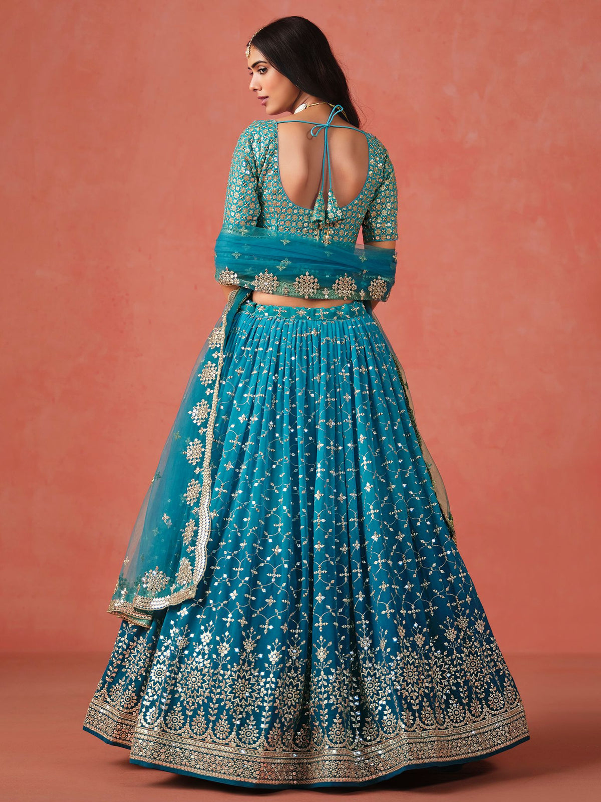 Rama Blue Georgette Semi-Stitched Lehenga Choli with Soft Net Dupatta