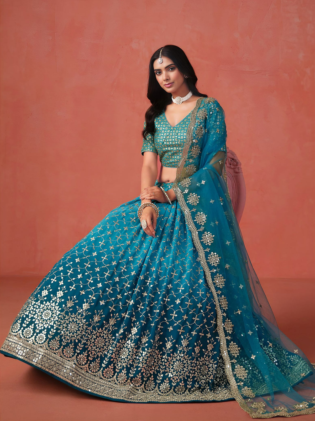 Rama Blue Georgette Semi-Stitched Lehenga Choli with Soft Net Dupatta