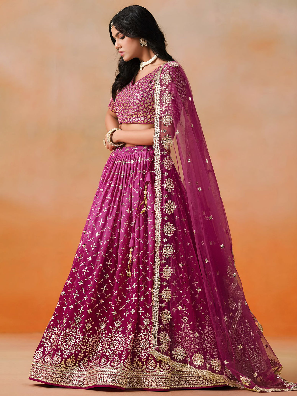 Red Pink Georgette Semi-Stitched Lehenga Choli with Soft Net Dupatta