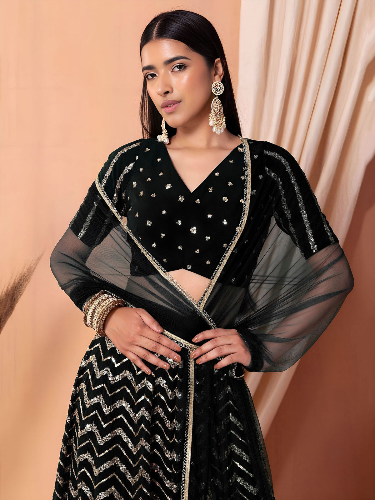 Black Georgette Semi-Stitched Lehenga Choli with Soft Net Dupatta