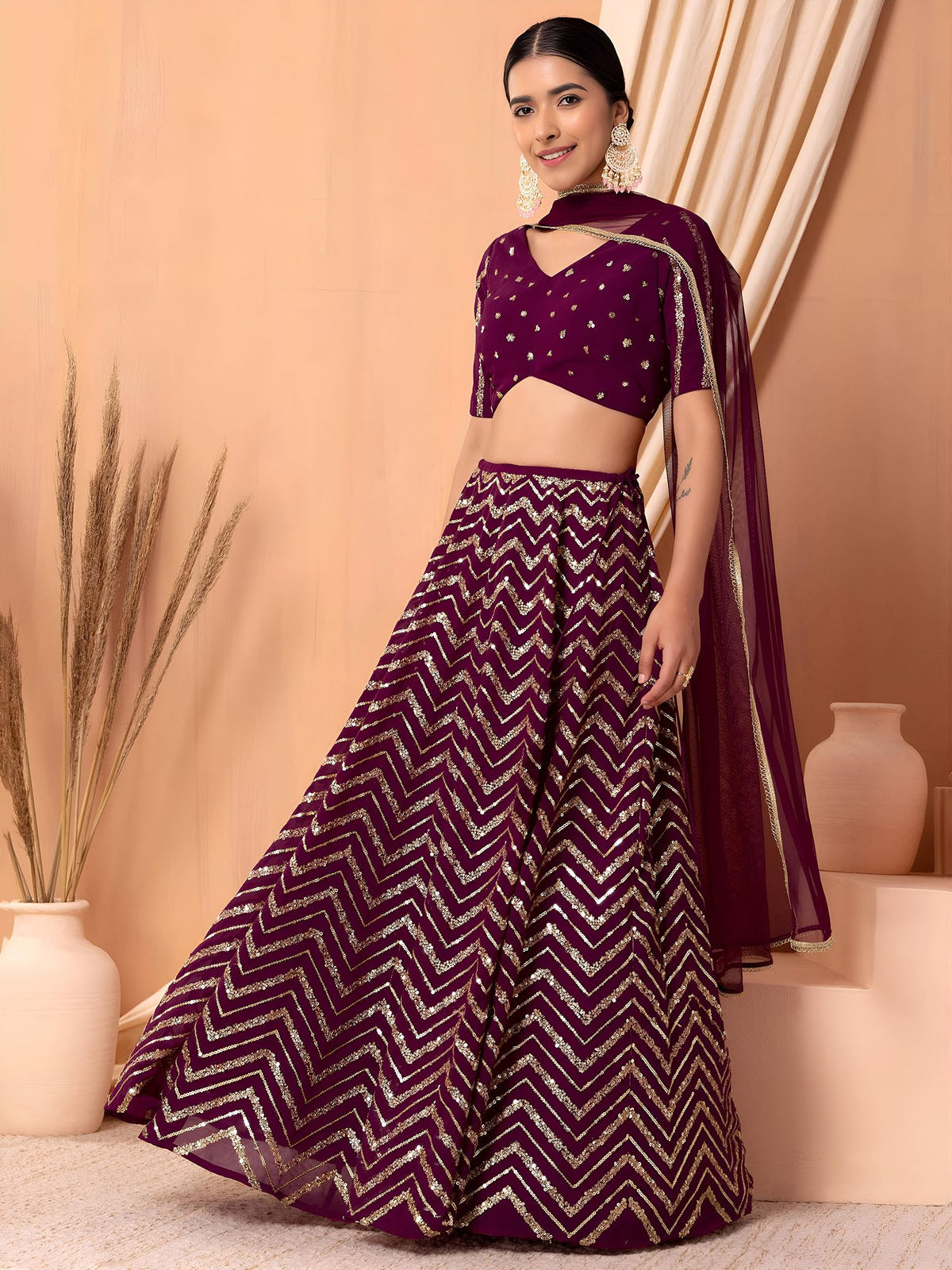 Maroon Georgette Semi-Stitched Lehenga Choli with Soft Net Dupatta