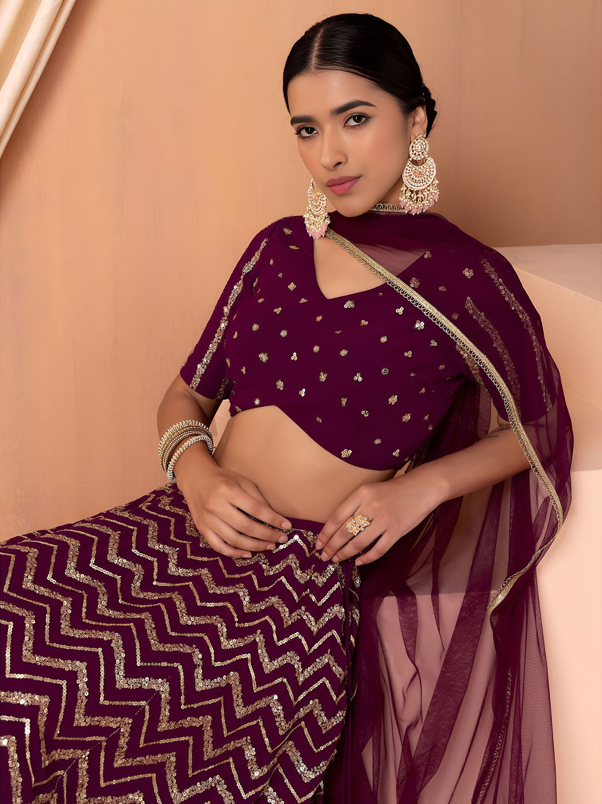 Maroon Georgette Semi-Stitched Lehenga Choli with Soft Net Dupatta