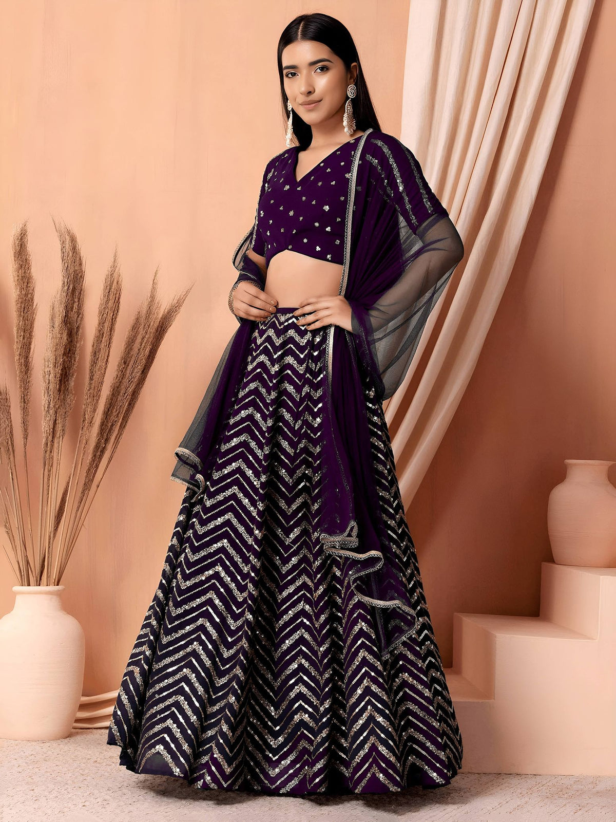 Purple Georgette Semi-Stitched Lehenga Choli with Soft Net Dupatta