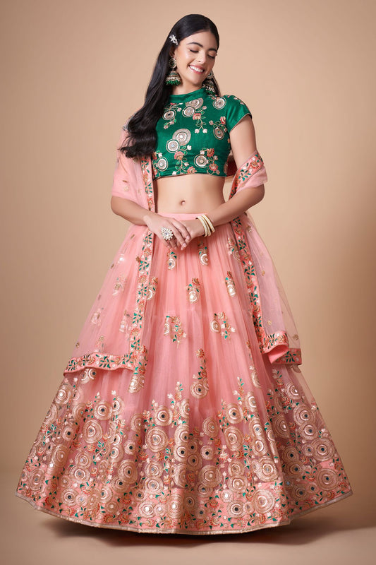 Peach Semi-Stitched Lehenga