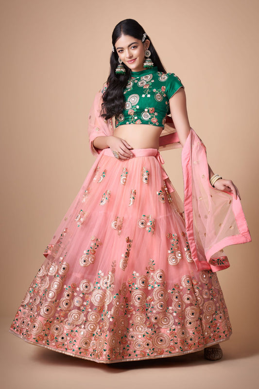 Peach Semi-Stitched Lehenga