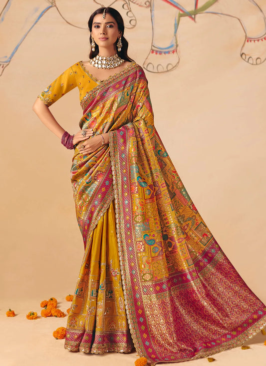 Rangvi Yellow New Designer Embroidered Dola Zari Silk Festive Saree