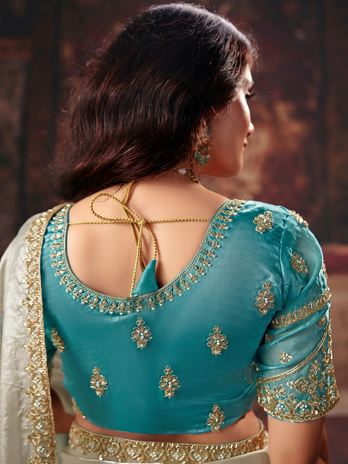 Rangvi Dual-Tone Turquoise Blue & Off-White Ombre Fendi Satin Designer Saree