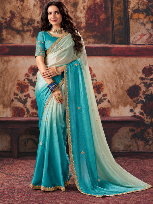 Rangvi Dual-Tone Turquoise Blue & Off-White Ombre Fendi Satin Designer Saree