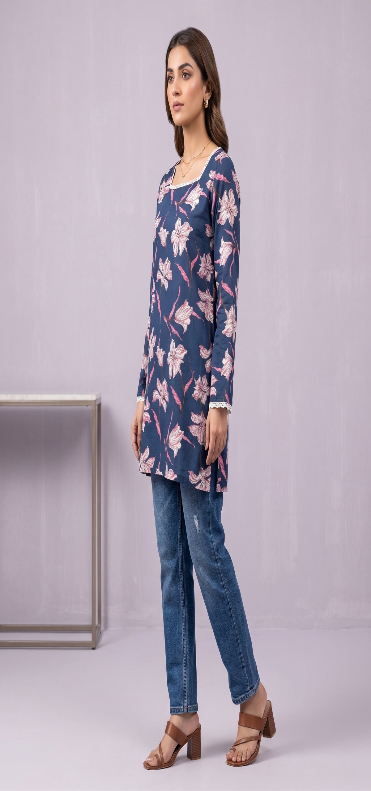 Women Blue Floral Printed Rayon Designer Top with Back Dori & Lace Detailing