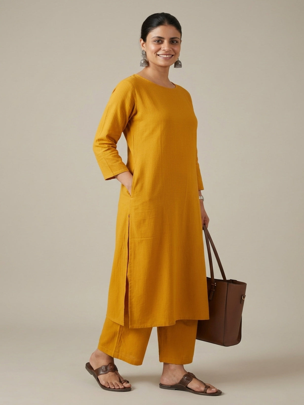 Women Yellow Cotton Slub Straight Kurta with Trousers