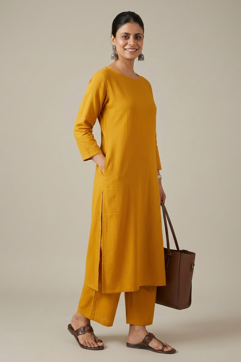 Women Yellow Cotton Slub Straight Kurta with Trousers