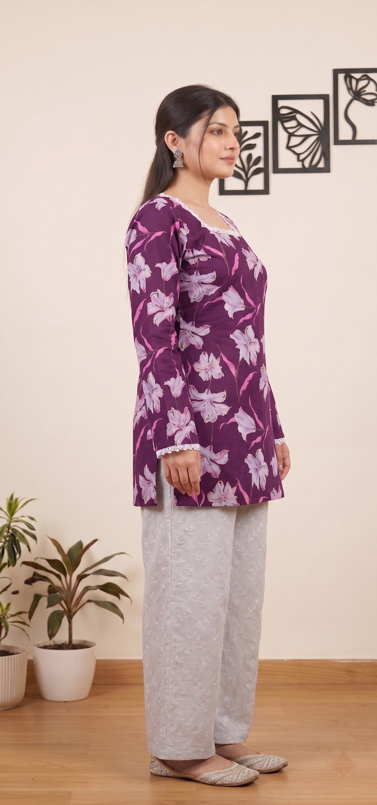Women Purple Floral Printed Rayon Designer Top with Back Dori & Lace Border