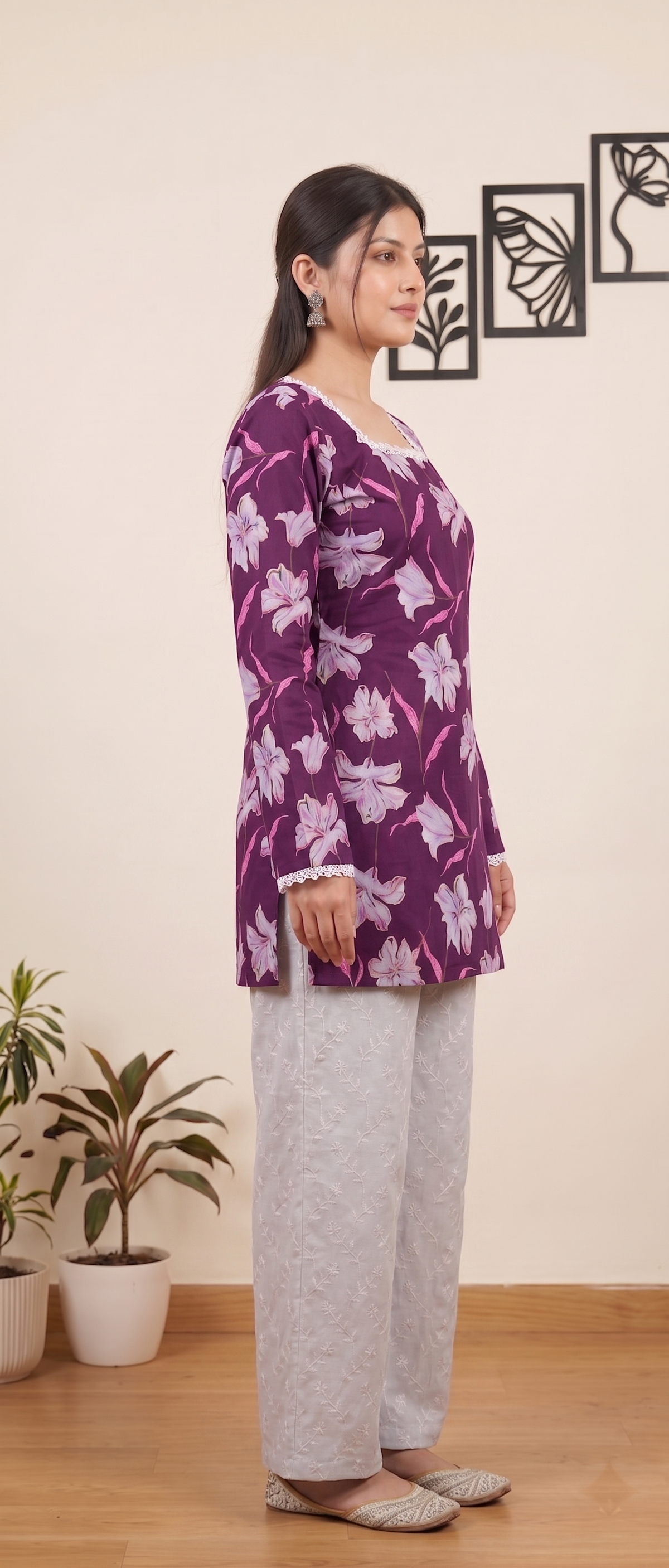 Women Purple Floral Printed Rayon Designer Top with Back Dori & Lace Border