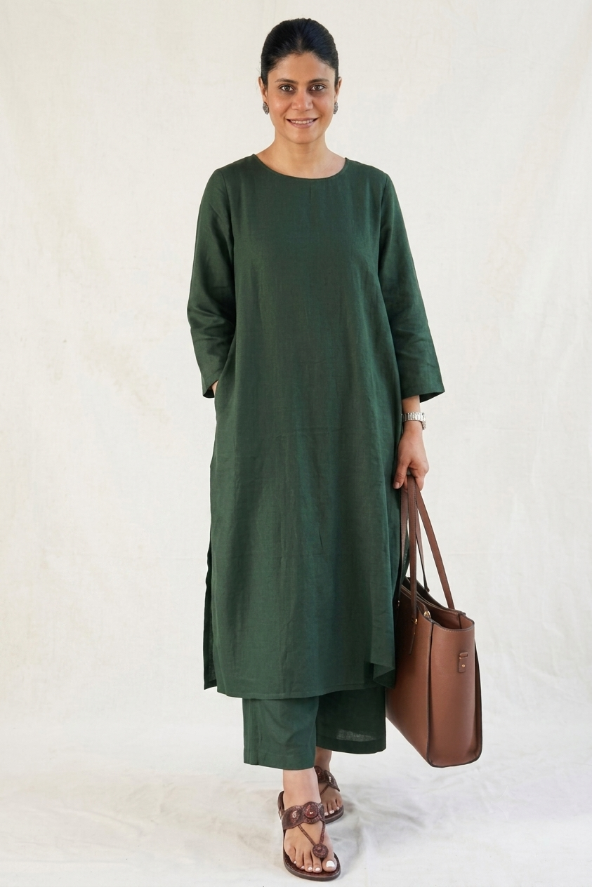 Women Forest Green Cotton Slub Straight Kurta with Trousers