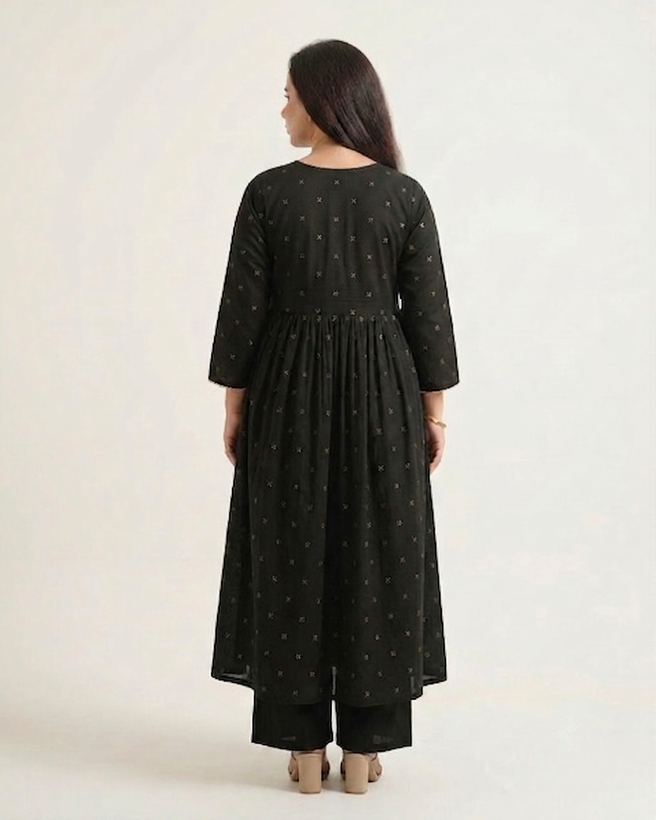 Women Black Floral Embroidered Cotton 60/60 A-Line Anarkali Kurta with Trousers Set.