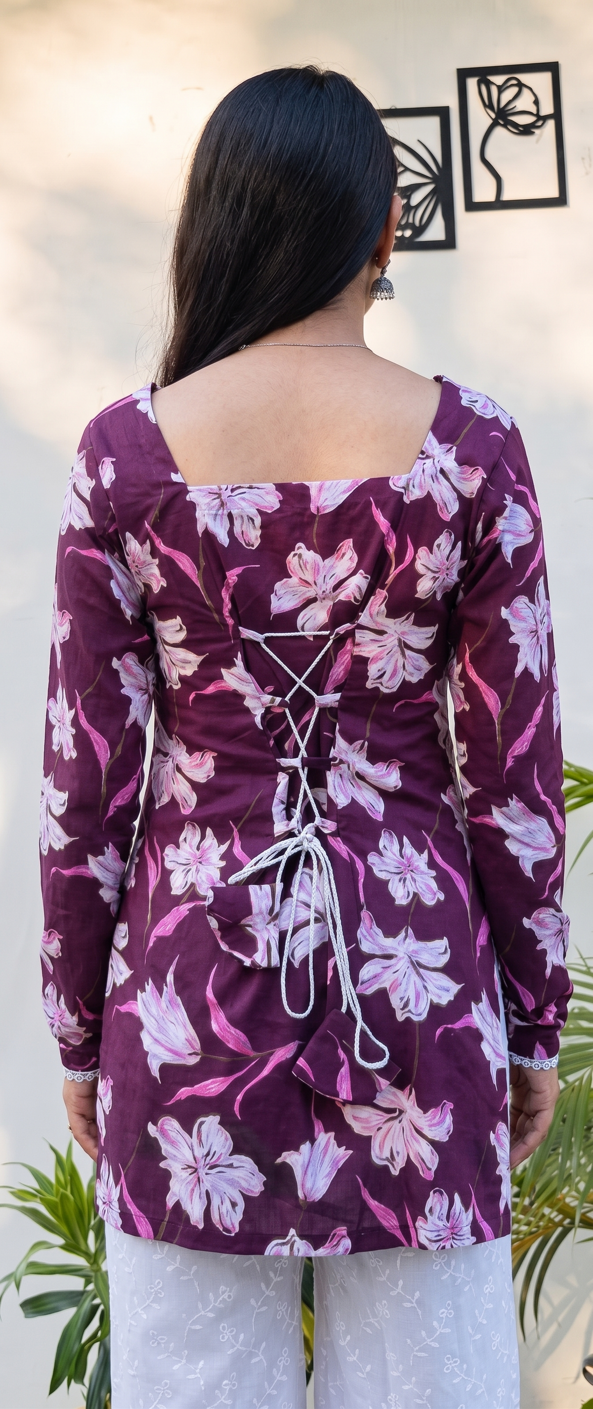 Women Purple Floral Printed Rayon Designer Top with Back Dori & Lace Border
