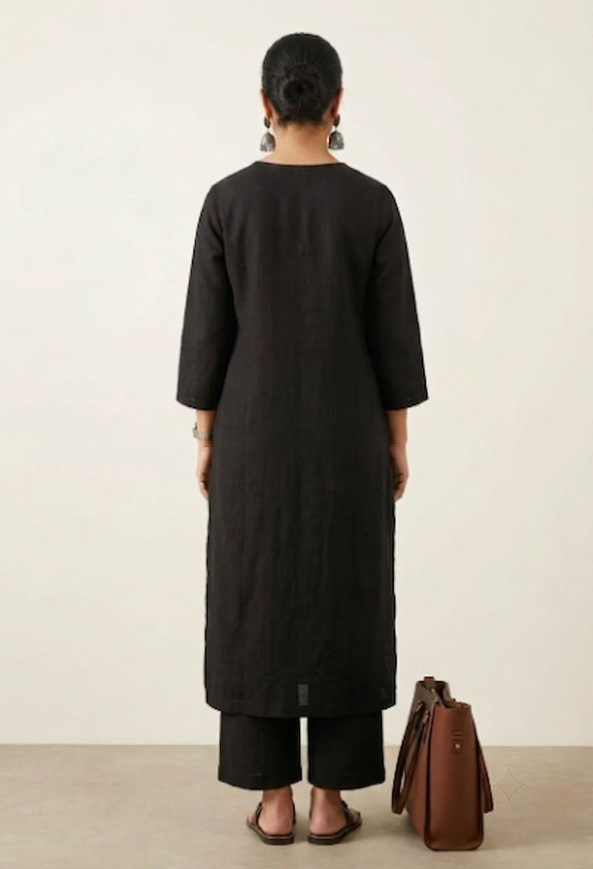 Women Black Cotton Slub Straight Kurta with Trousers