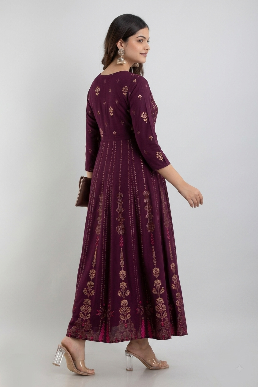 Women Maroon Floral Printed Rayon Tiered Anarkali Kurti / Gown
