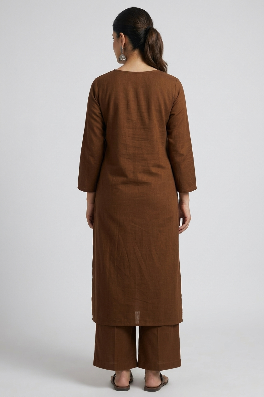 Women Brown Cotton Slub Straight Kurta with Trousers