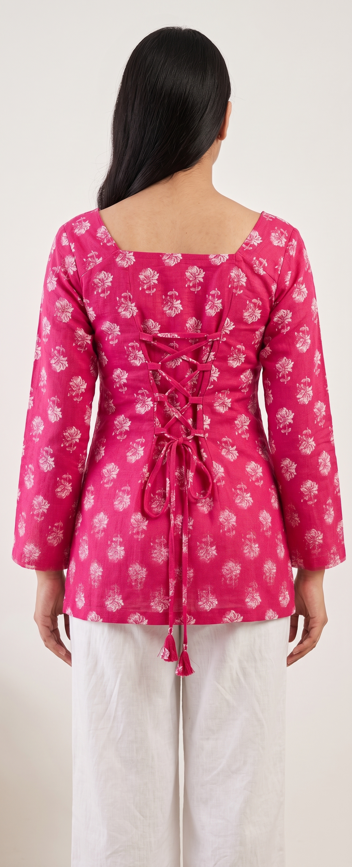 Women Rani Pink Floral Printed Rayon Designer Top with Back Dori & Square Neck