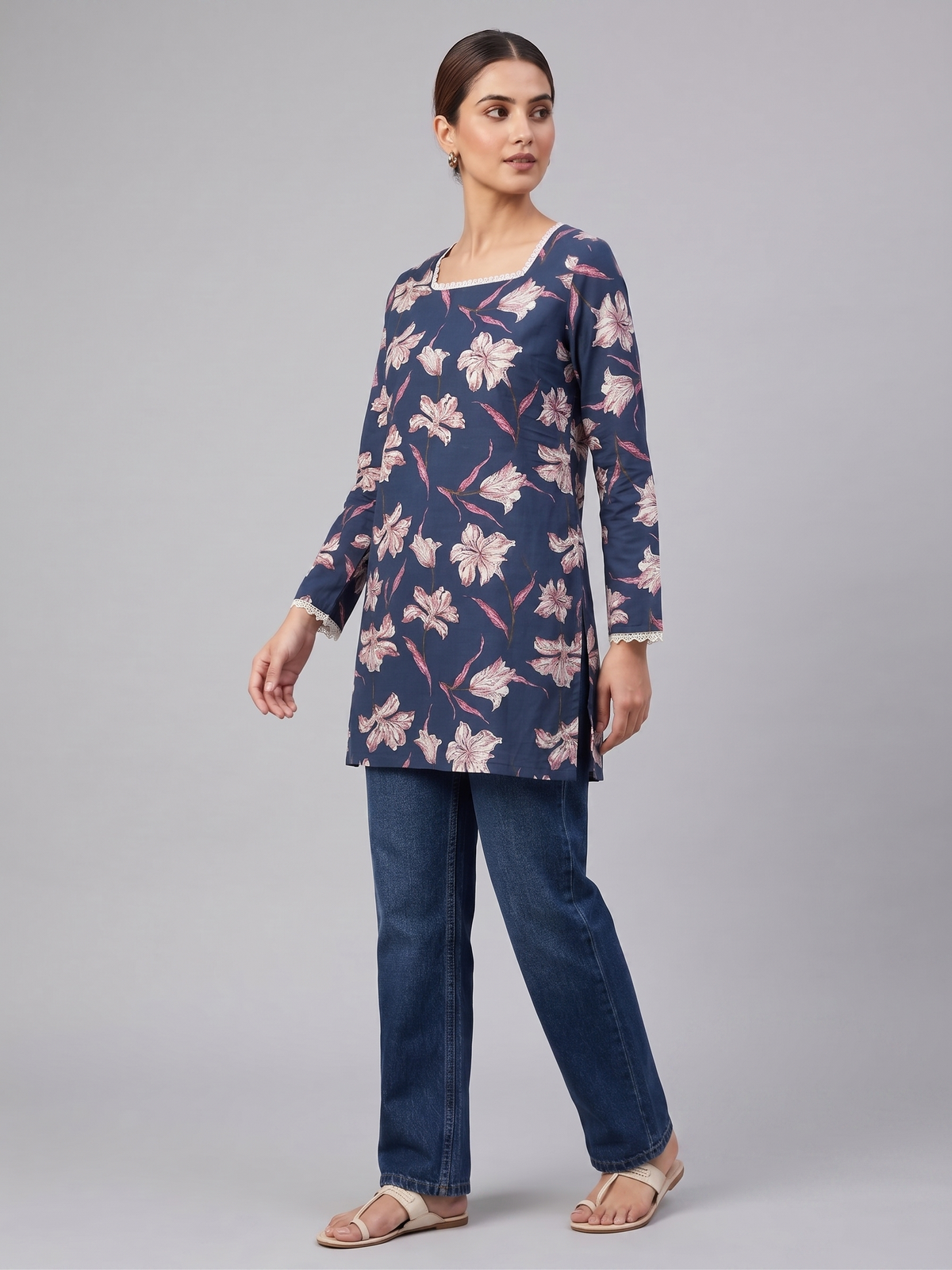 Women Blue Floral Printed Rayon Designer Top with Back Dori & Lace Detailing