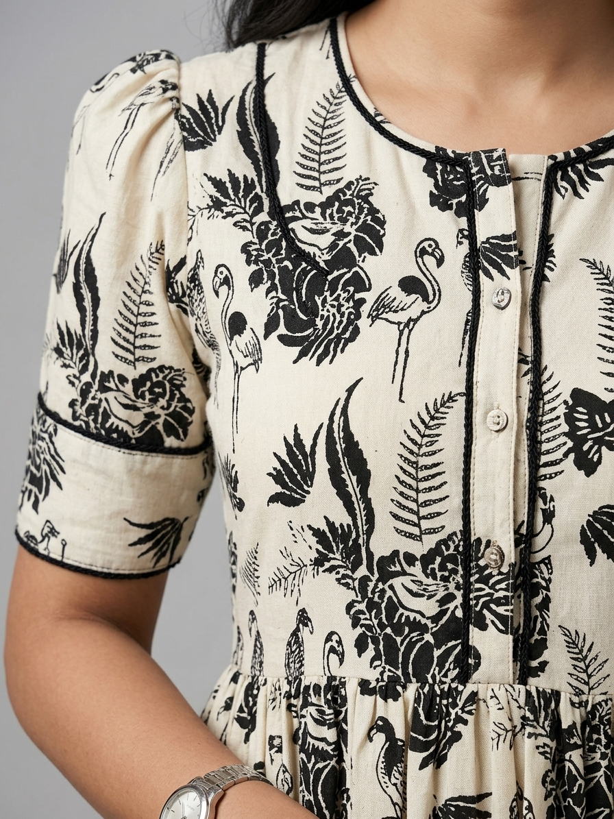Beige & Black Botanical Flamingo Printed Rayon Tiered Frock Kurti.