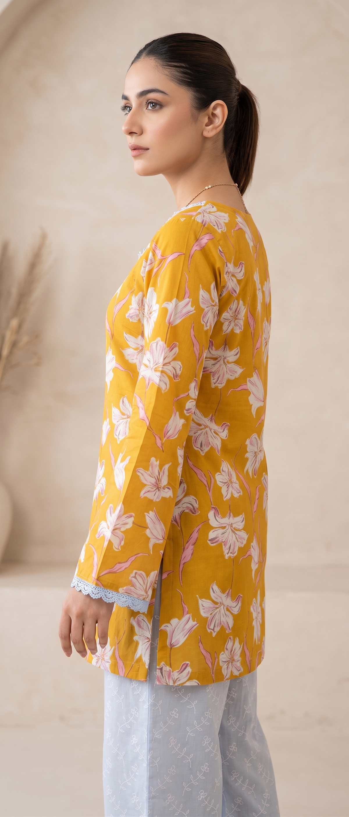 Women  Yellow Floral Printed Rayon Designer Top with Back Dori & Lace Border