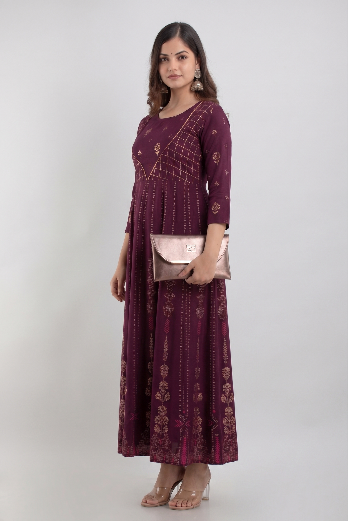 Women Maroon Floral Printed Rayon Tiered Anarkali Kurti / Gown
