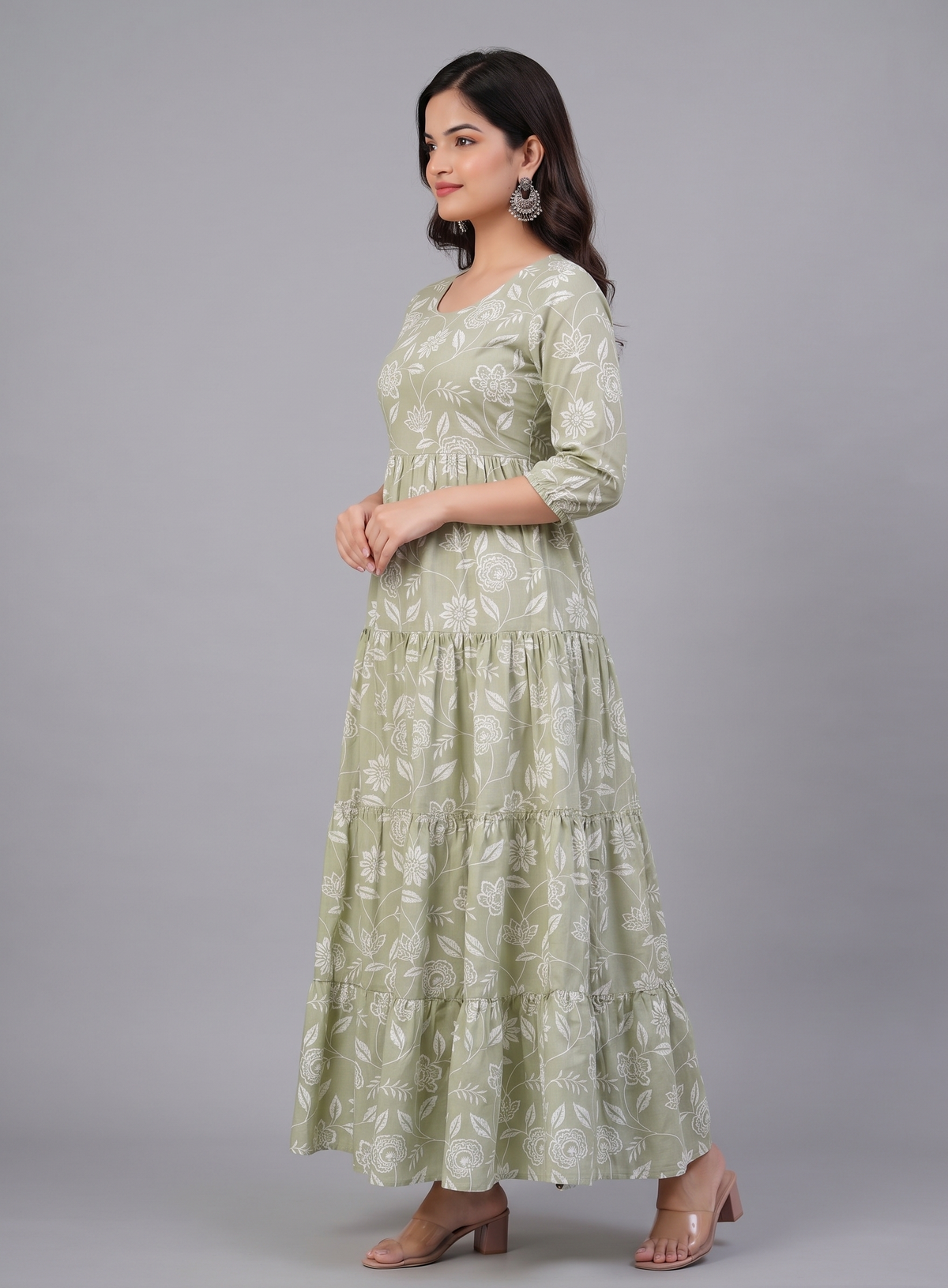 Women Sage Green Floral Printed Rayon Tiered Anarkali Kurti / Gown