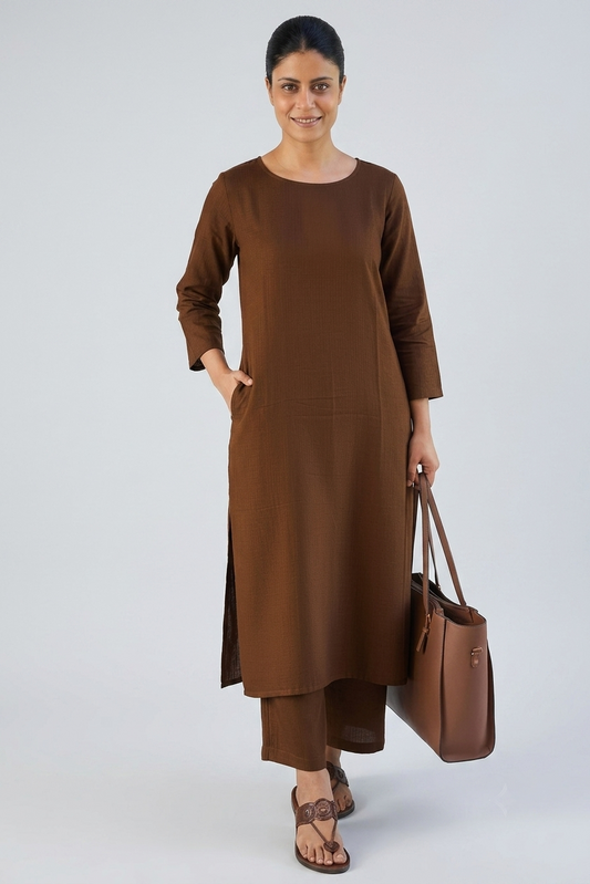 Women Brown Cotton Slub Straight Kurta with Trousers