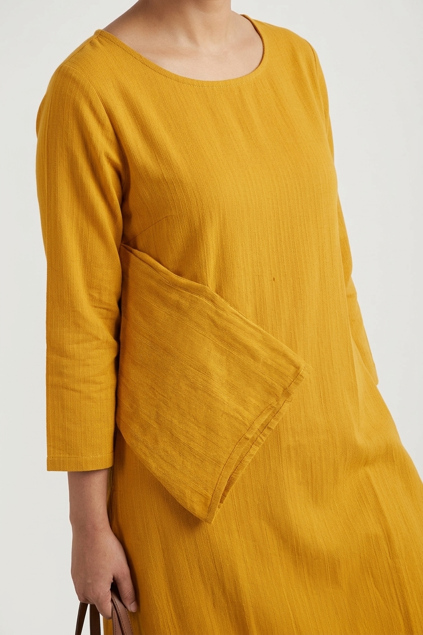 Women Yellow Cotton Slub Straight Kurta with Trousers