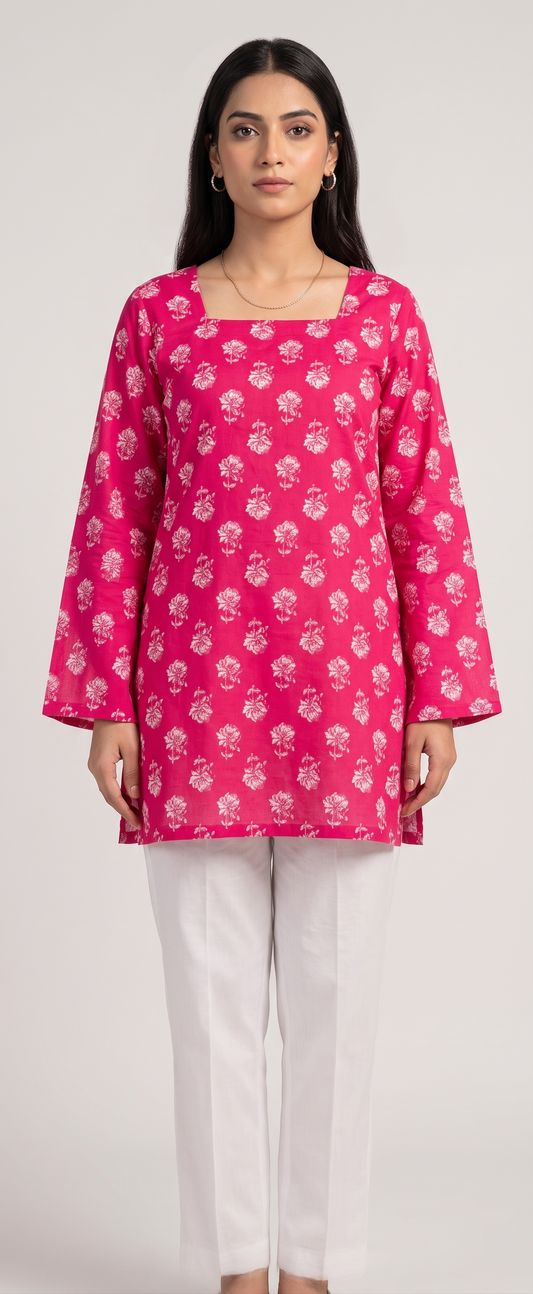 Women Rani Pink Floral Printed Rayon Designer Top with Back Dori & Square Neck