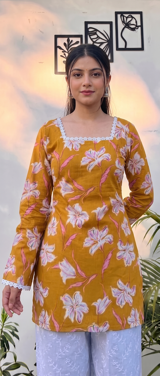 Women  Yellow Floral Printed Rayon Designer Top with Back Dori & Lace Border