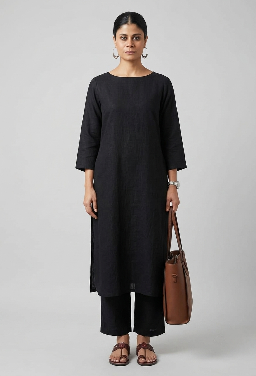 Women Black Cotton Slub Straight Kurta with Trousers