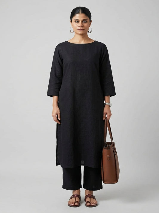 Women Black Cotton Slub Straight Kurta with Trousers