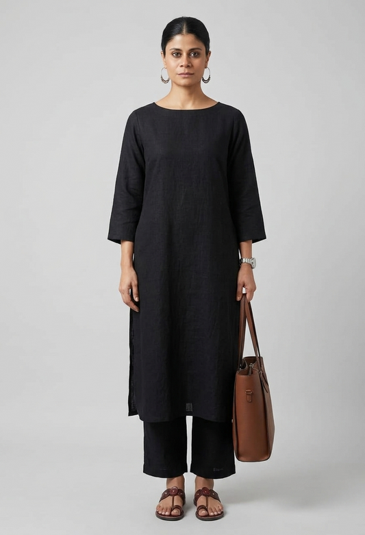 Women Black Cotton Slub Straight Kurta with Trousers