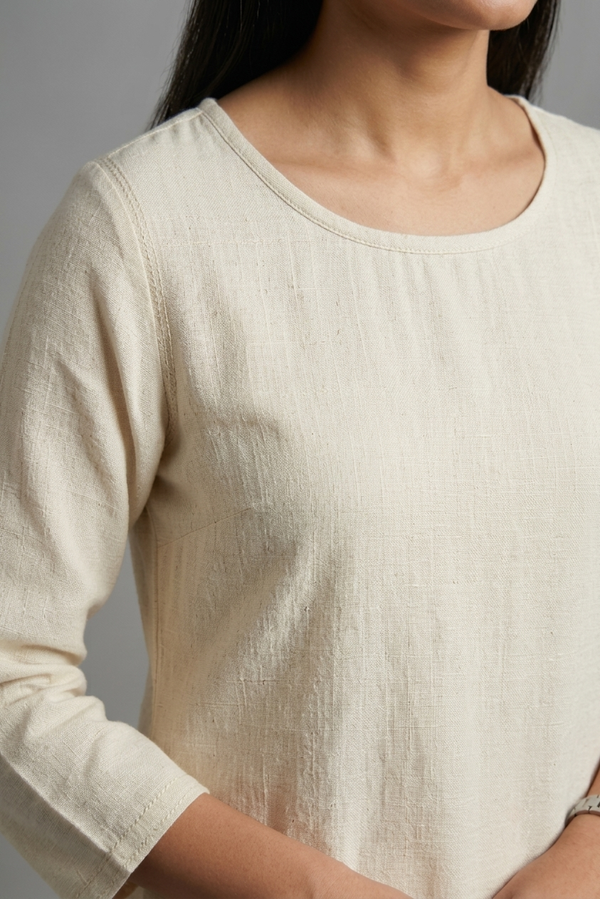Women White Cotton Slub Straight Kurta with Trousers