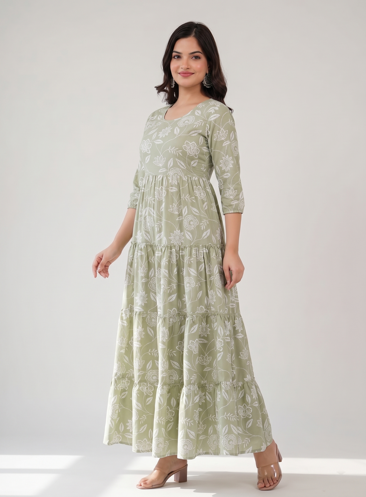 Women Sage Green Floral Printed Rayon Tiered Anarkali Kurti / Gown