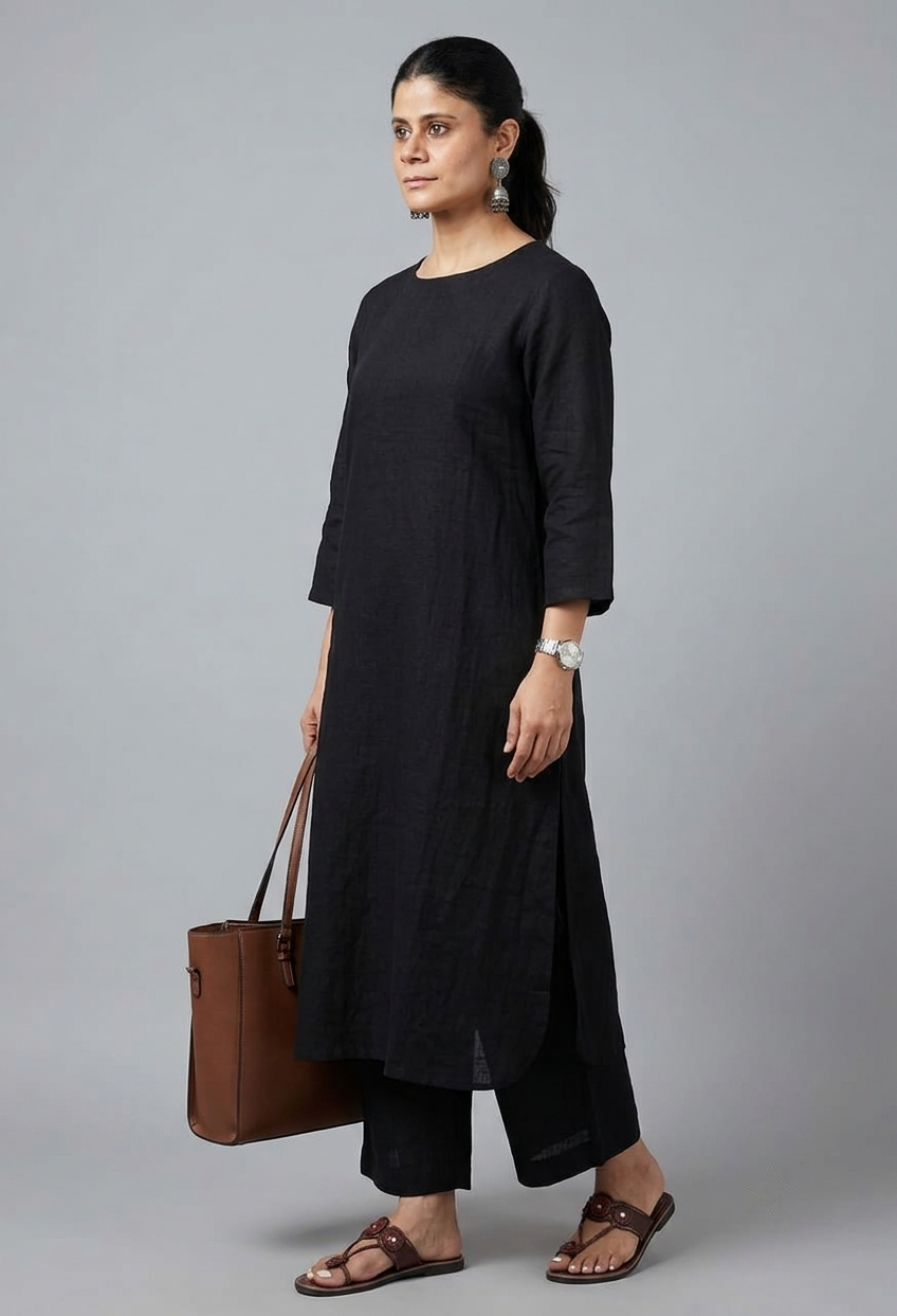 Women Black Cotton Slub Straight Kurta with Trousers