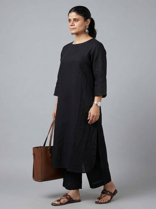 Women Black Cotton Slub Straight Kurta with Trousers