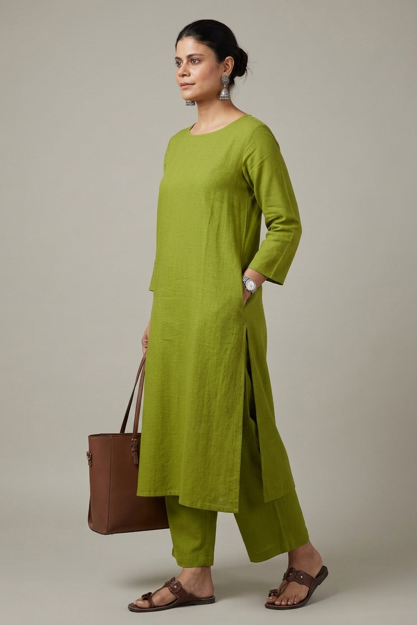 Women Green Cotton Slub Straight Kurta with Trousers