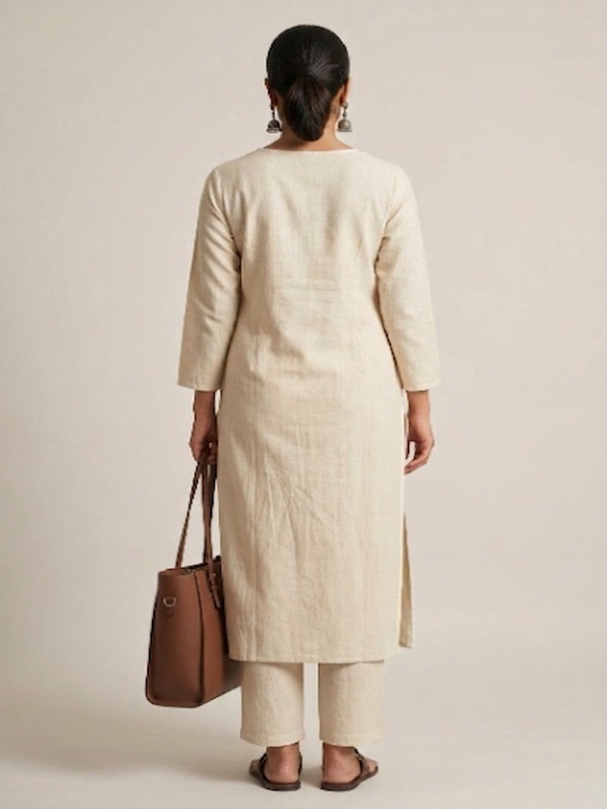 Women White Cotton Slub Straight Kurta with Trousers
